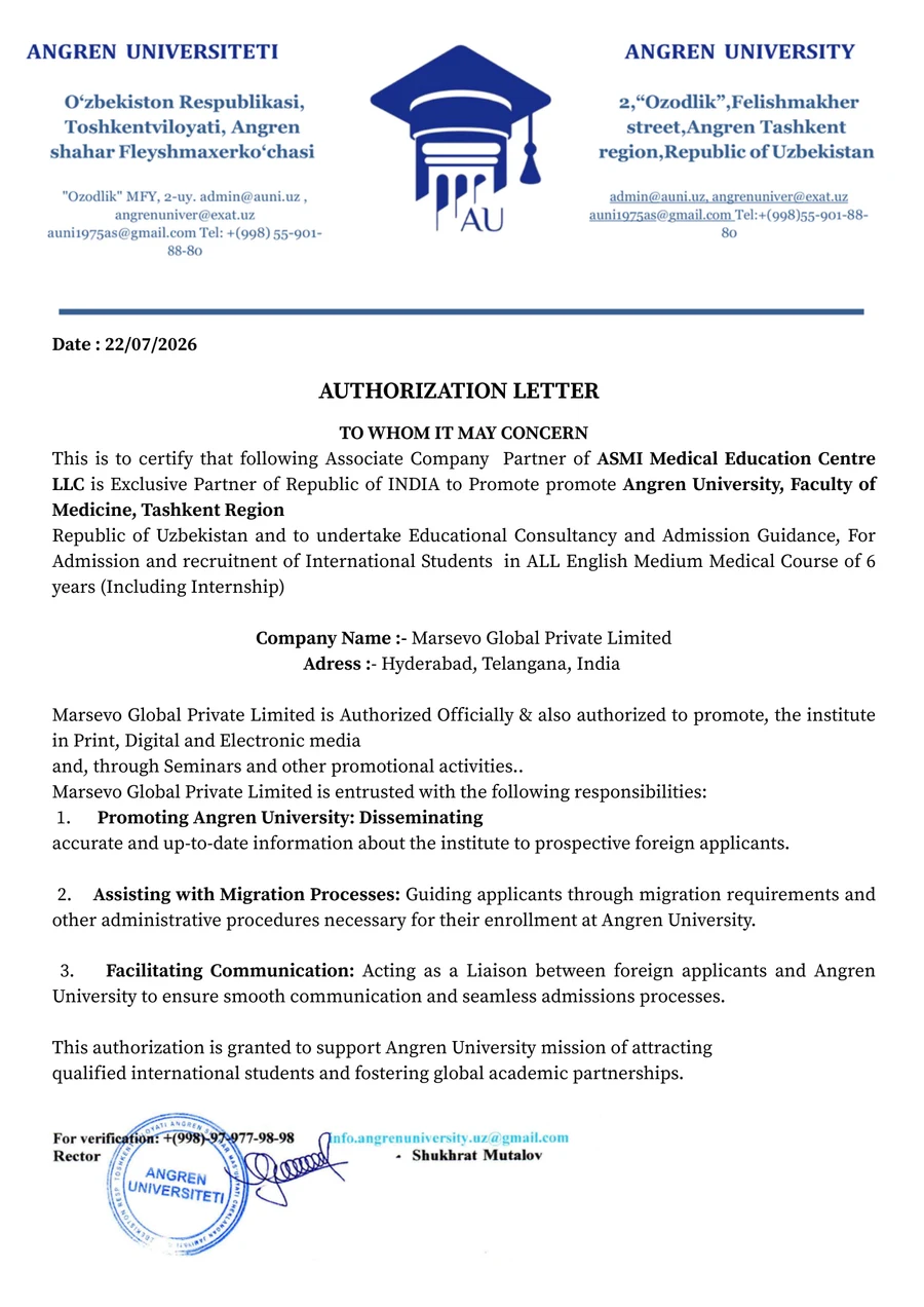 Official representation agreement between Marsevo Global and Angren University